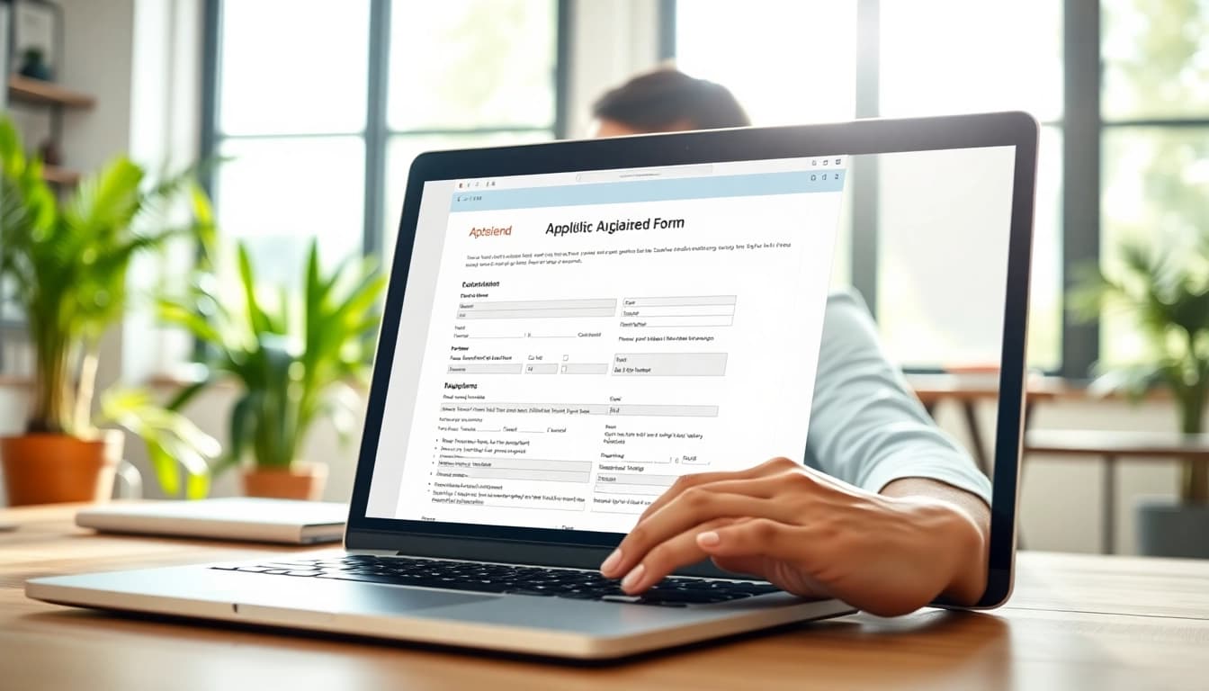 Fill out an eta UK application form while focused in a modern office.