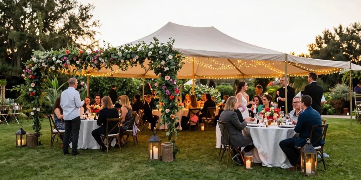 Stunning marquee hire London setup at a sunset wedding, showcasing elegant decor and vibrant atmosphere.