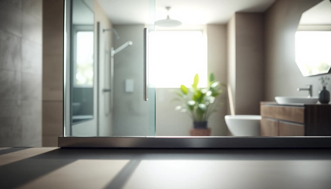 View of a modern shower screen door reflecting light in a stylish bathroom setting.