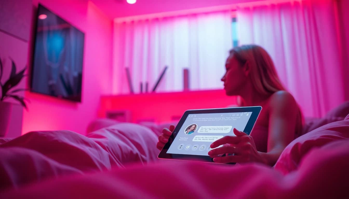 Engaging in intimate AI sex chat with a sleek digital interface in a cozy, romantic room.