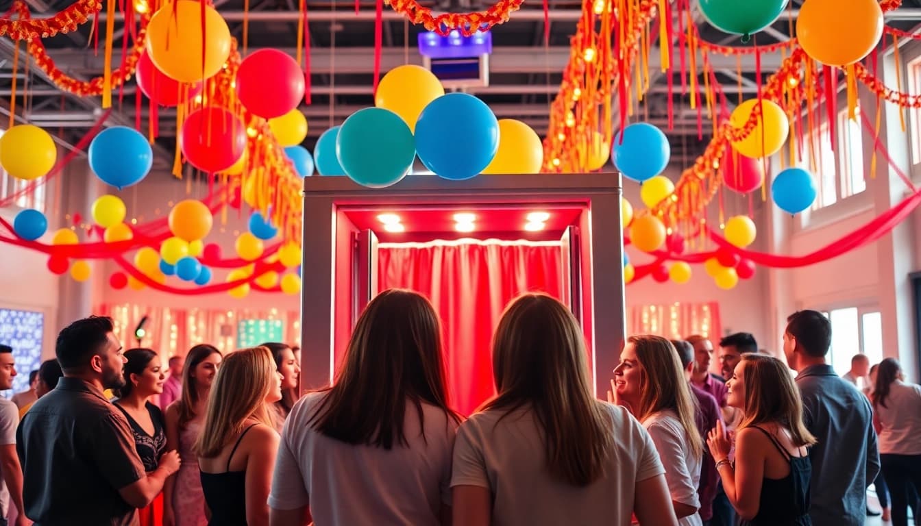 Capture joyful guests at a vibrant photo booth rental creating lasting memories.