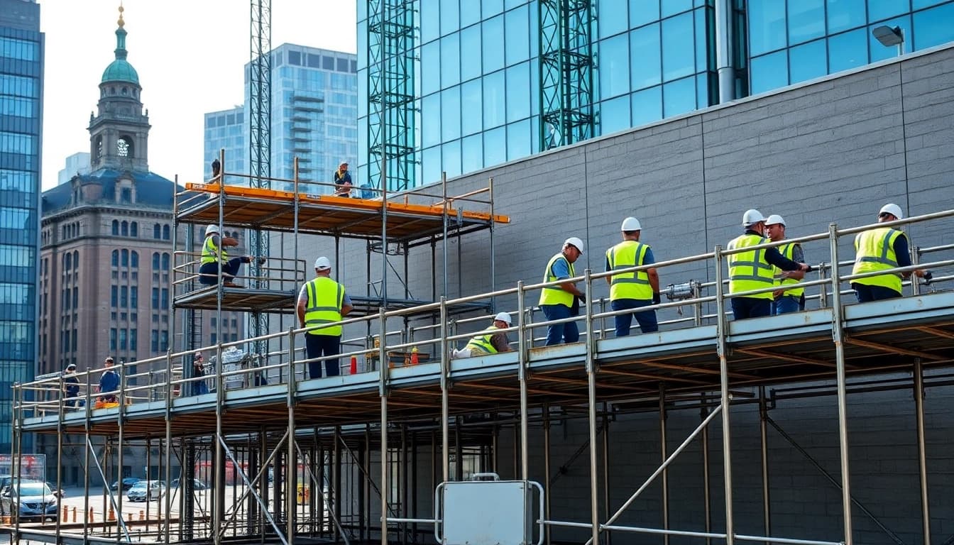 Scaffolding Manchester: Professionals constructing a large urban site with intricate scaffolds.
