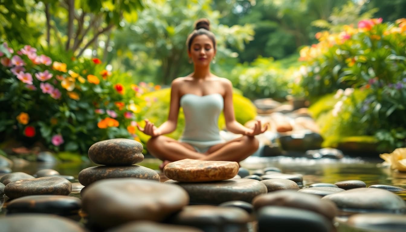 Meditation scene promoting mental wellness with serene figure in a tranquil garden.