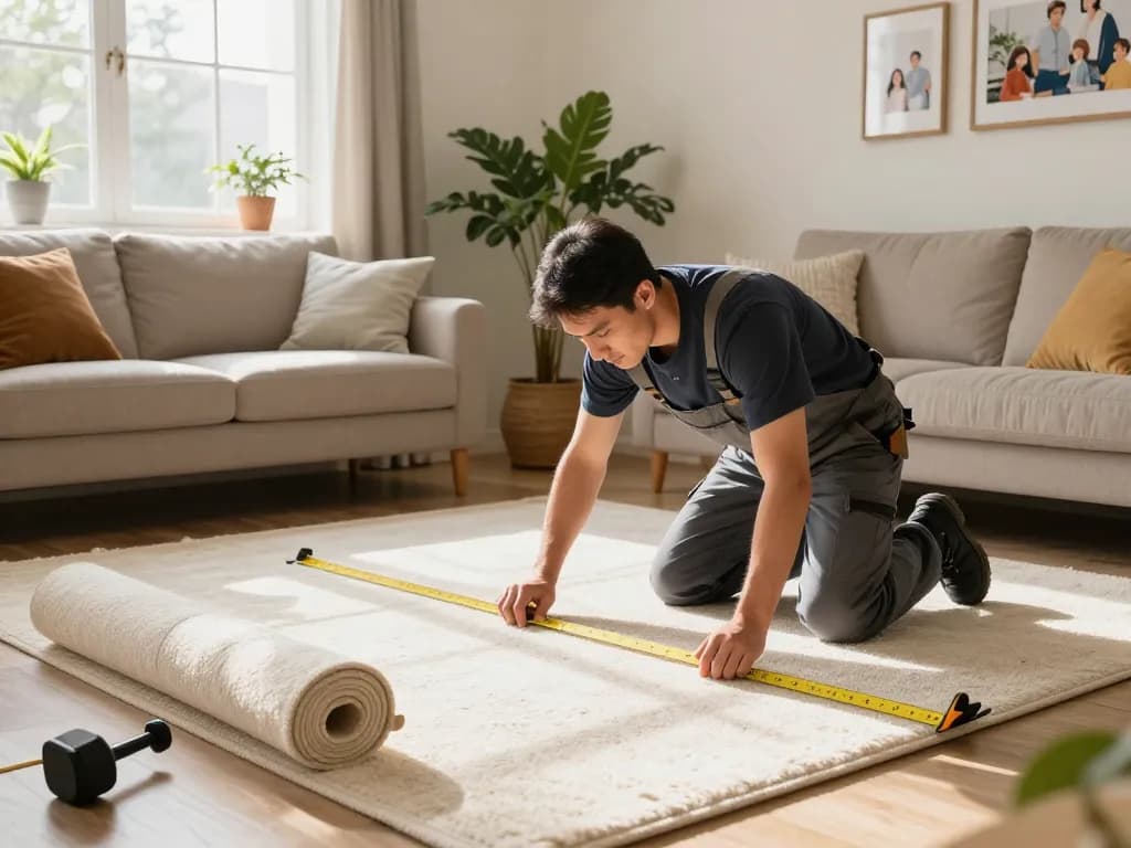 Home carpet fitting services showcased with a professional installer preparing new carpet in a sunlit living room.