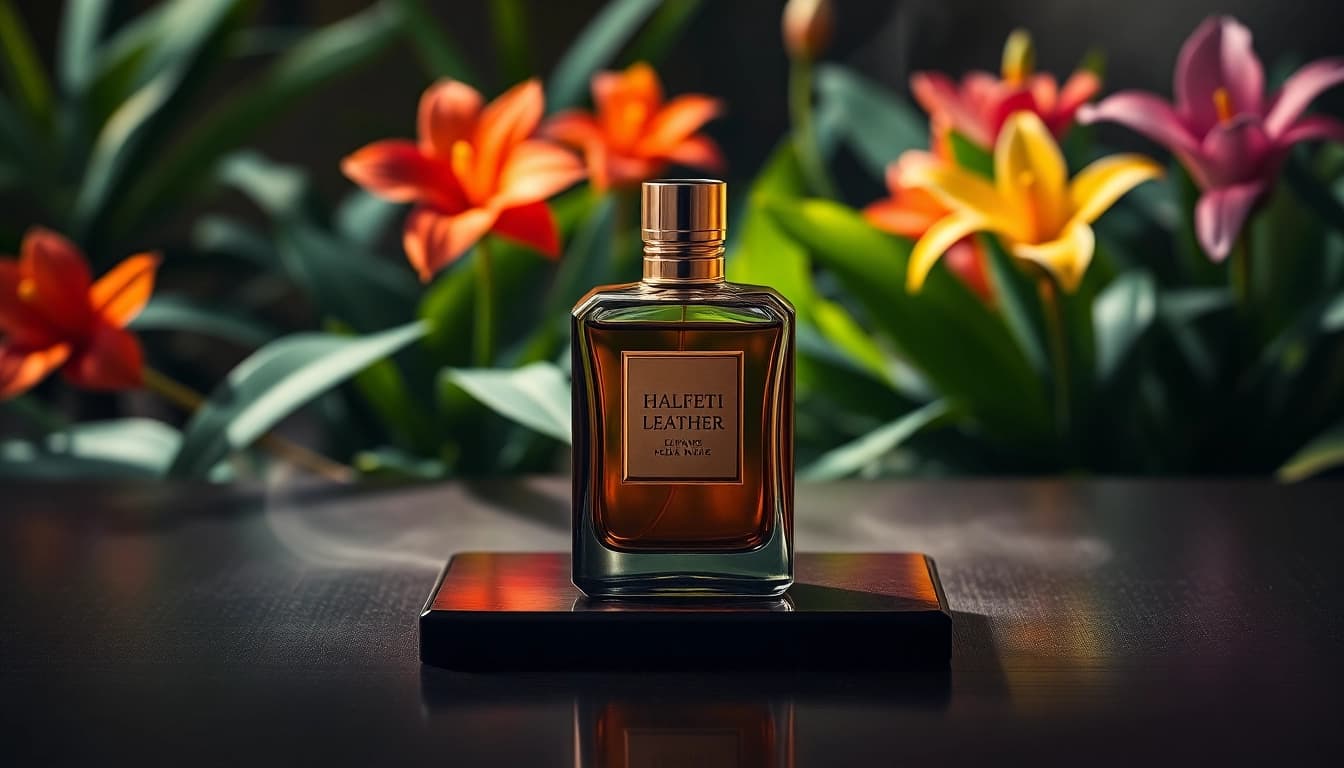 Captivating scene of Halfeti Leather perfume bottle with lush greenery and soft lighting.