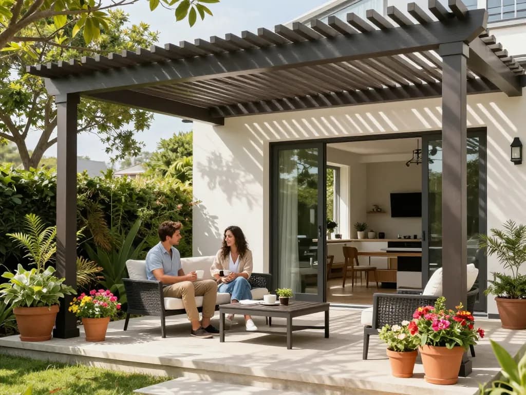 Couple using the pergola configurator in a beautiful outdoor setting with a modern pergola.