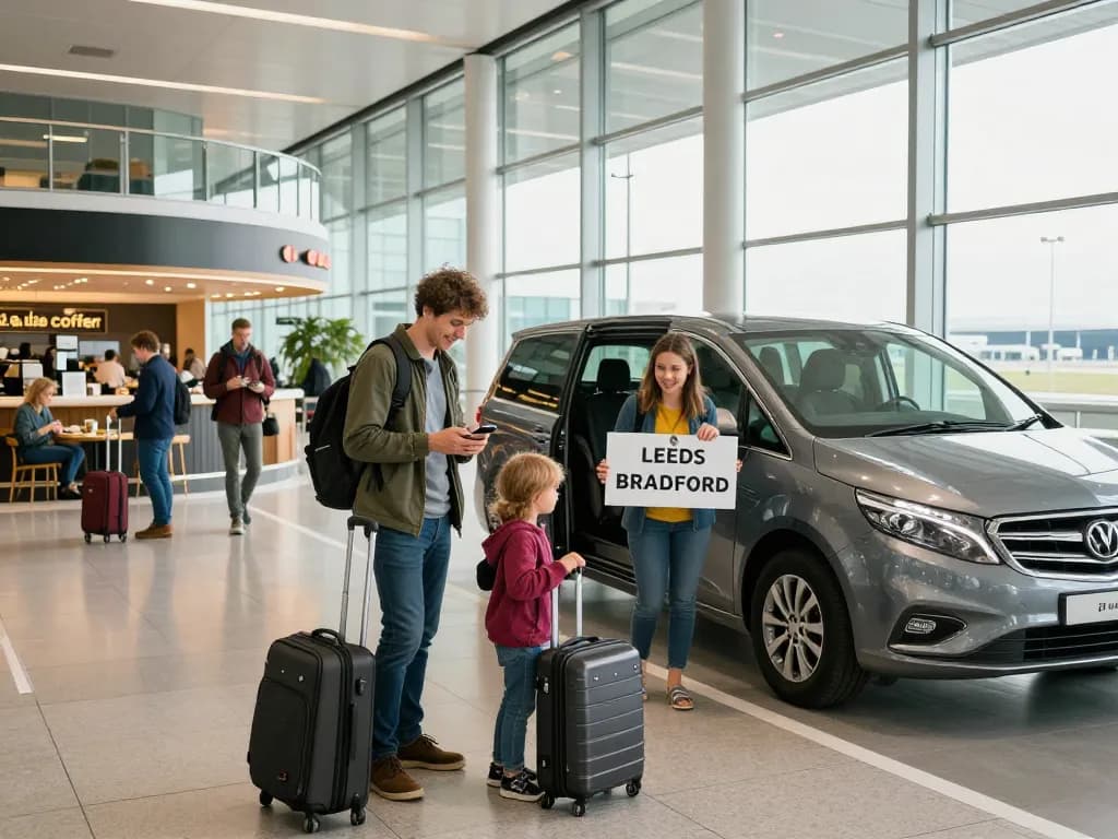 Effortless airport transfer leeds with family arriving at Leeds Bradford Airport, driver ready to assist.