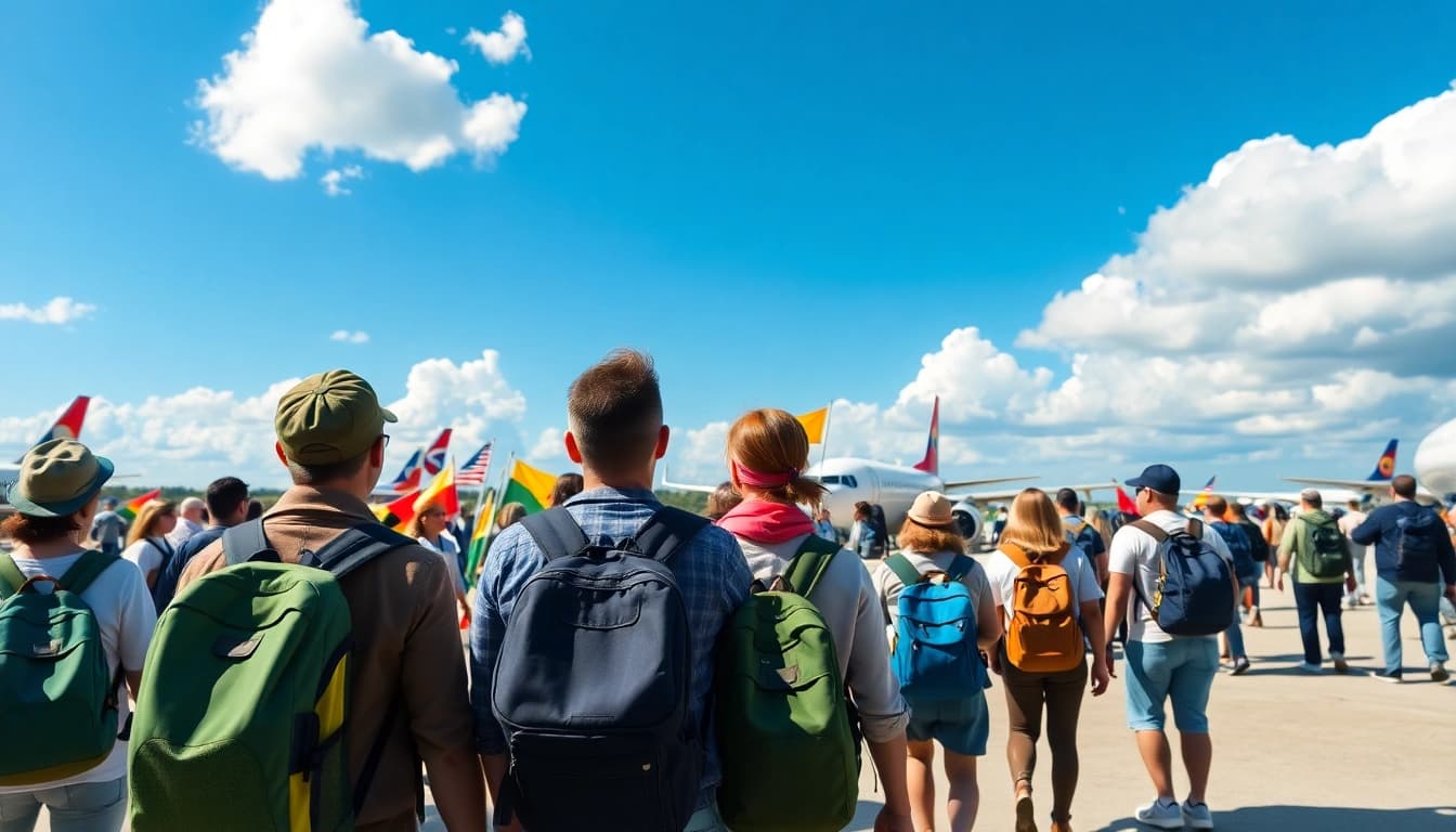 Travelers excitedly preparing for round the world holidays at a lively airstrip.