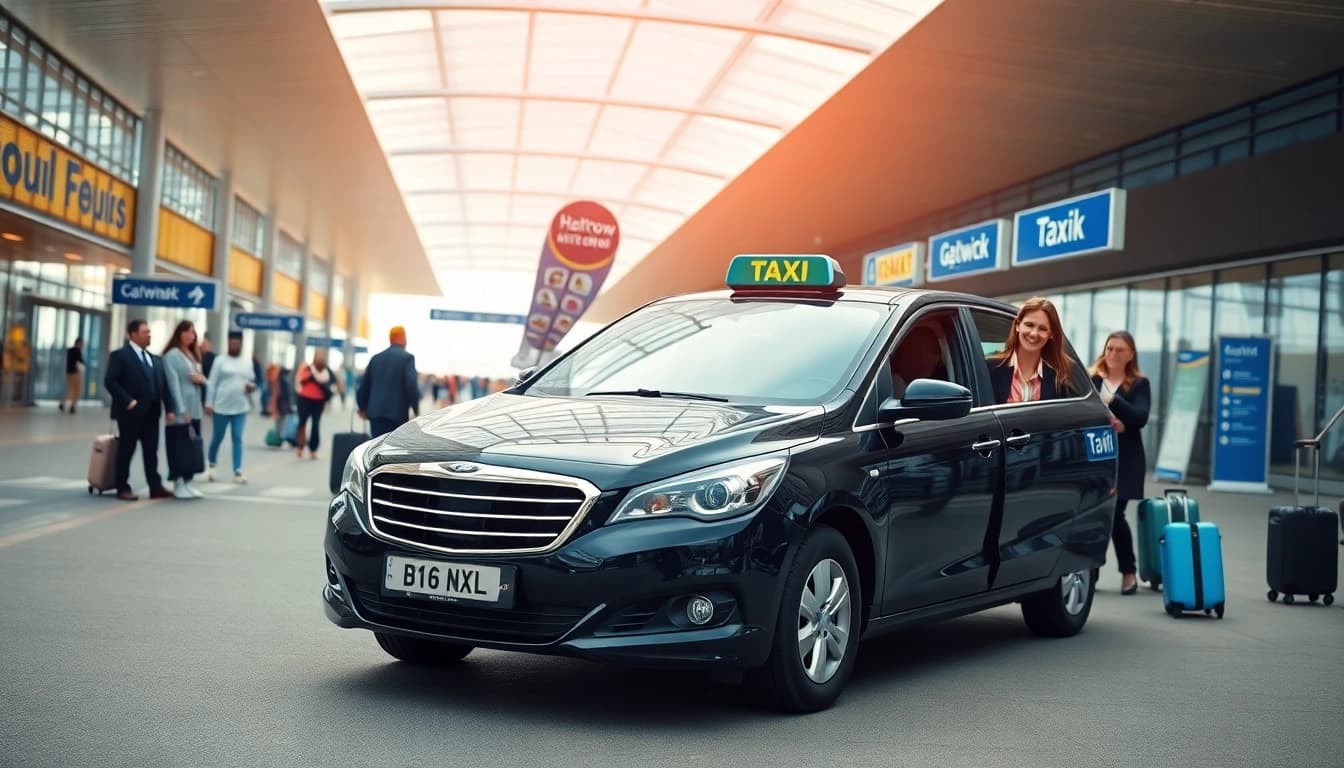 Taxi service for Heathrow, Gatwick with cheerful passengers and a black cab at the airport.