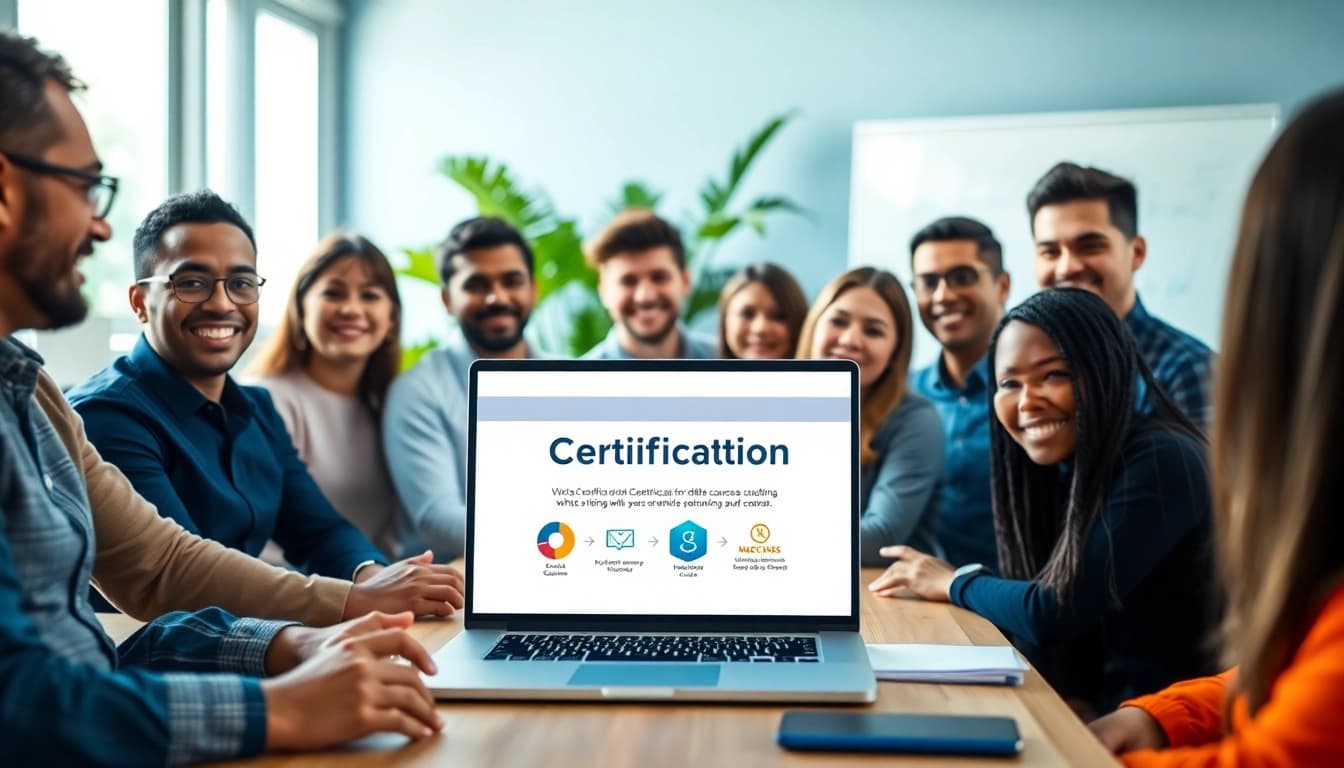 Participants discussing IT certifications without studying using a laptop in a modern office.