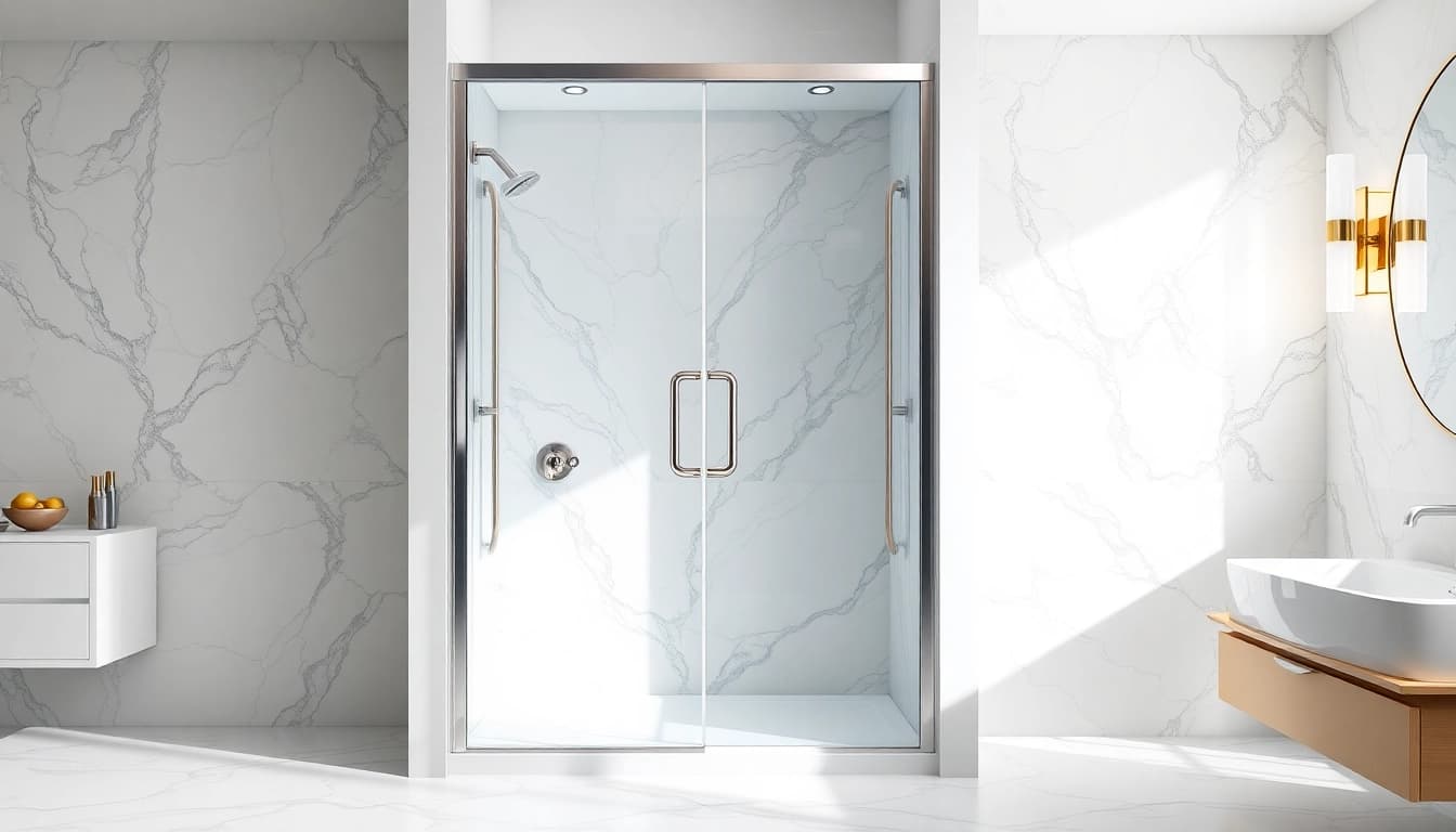 Erleben Sie die Duschkabine 100x100 Pendeltür in einem modernen Badezimmer-Design.