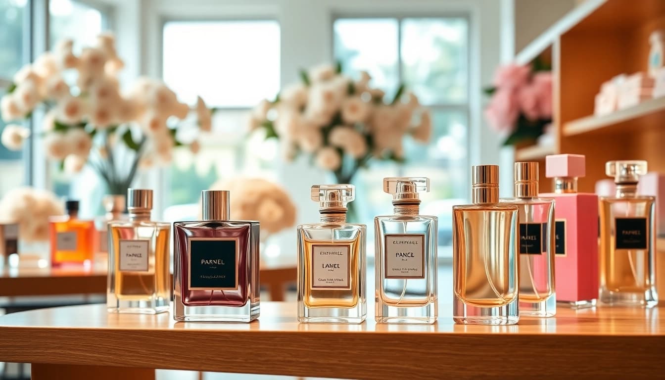 Shop affordable designer fragrances near me in an elegant boutique with beautiful display settings.