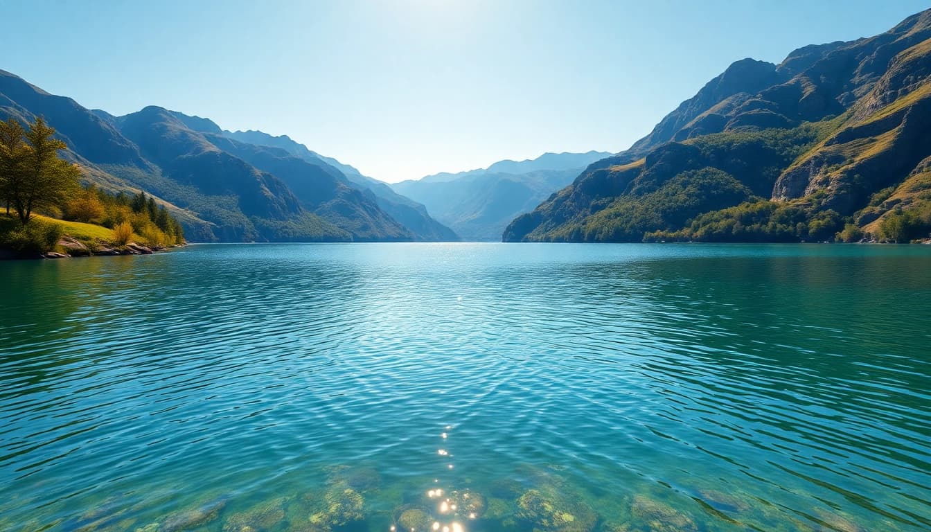 Admire the sheerwater landscape showcasing a calm lake surrounded by lush greenery.