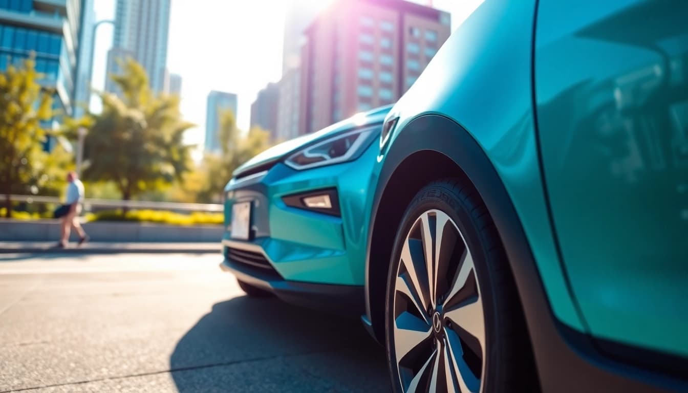 Highlighting an extended warranty for electric vehicles, this image features a modern EV in an urban landscape.
