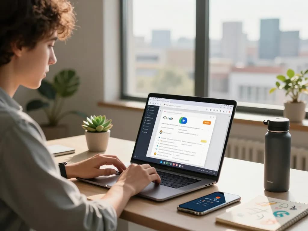 Engaged user working on a Chrome browser with 谷歌浏览器 in a modern home office, showcasing productivity.
