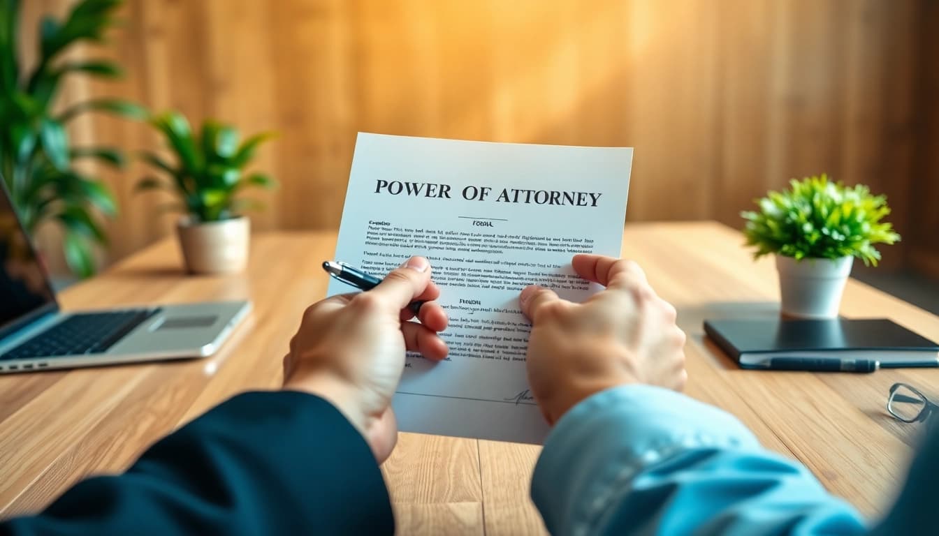 Signing a Power of Attorney document in a professional office setting.