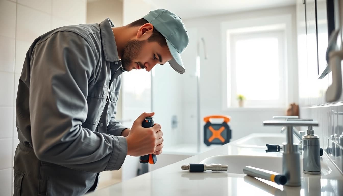 Plumber near me fixing pipes in a modern bathroom showcasing professional tools and bright surroundings.