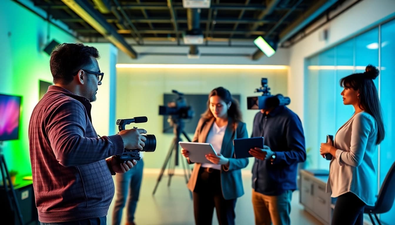 Capturing the essence of Corporate video production toronto in a professional studio with a dynamic team collaborating.
