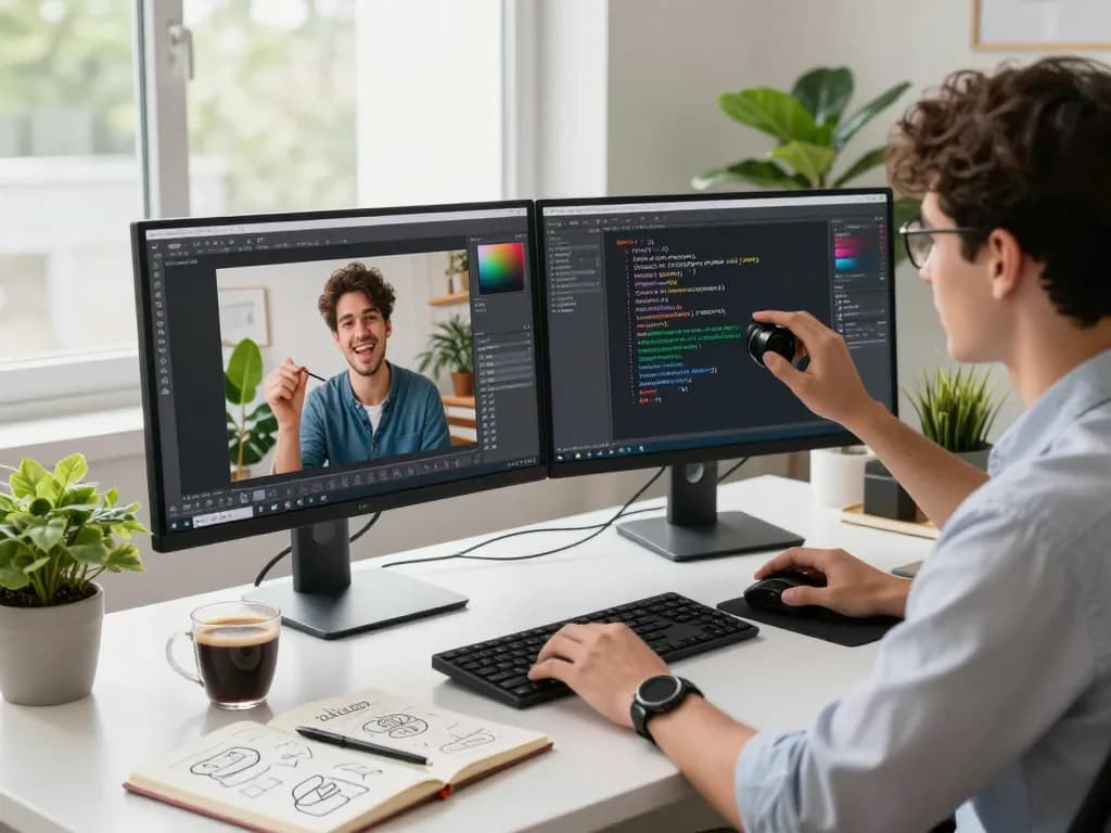 Workspace showcasing a professional generating an image to prompt ai in a bright office environment, featuring dual monitors and creative props.