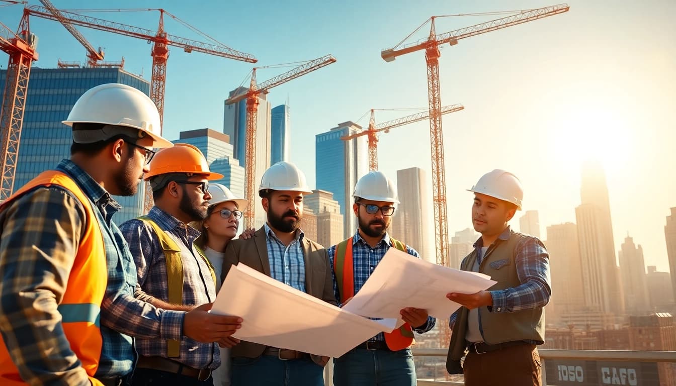 New York City General Contractor team reviewing plans at a construction site, showcasing collaboration and professionalism.