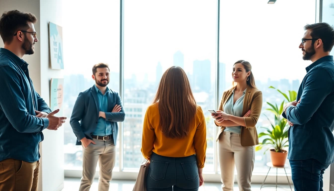 Engaged professionals brainstorming about their Ideal career in a vibrant office environment.