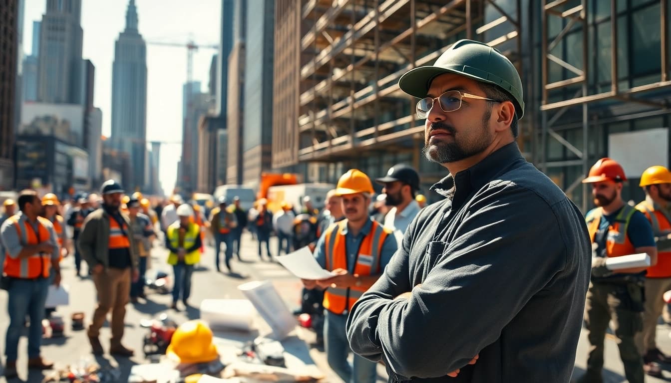 New York City General Contractor coordinating a construction project in an urban setting.