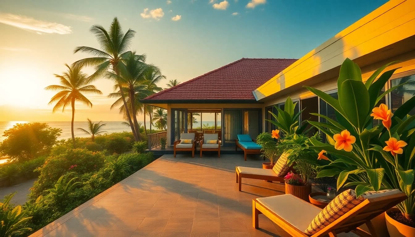 Showcasing villa management in Phuket with a picturesque beachfront villa surrounded by lush greenery.