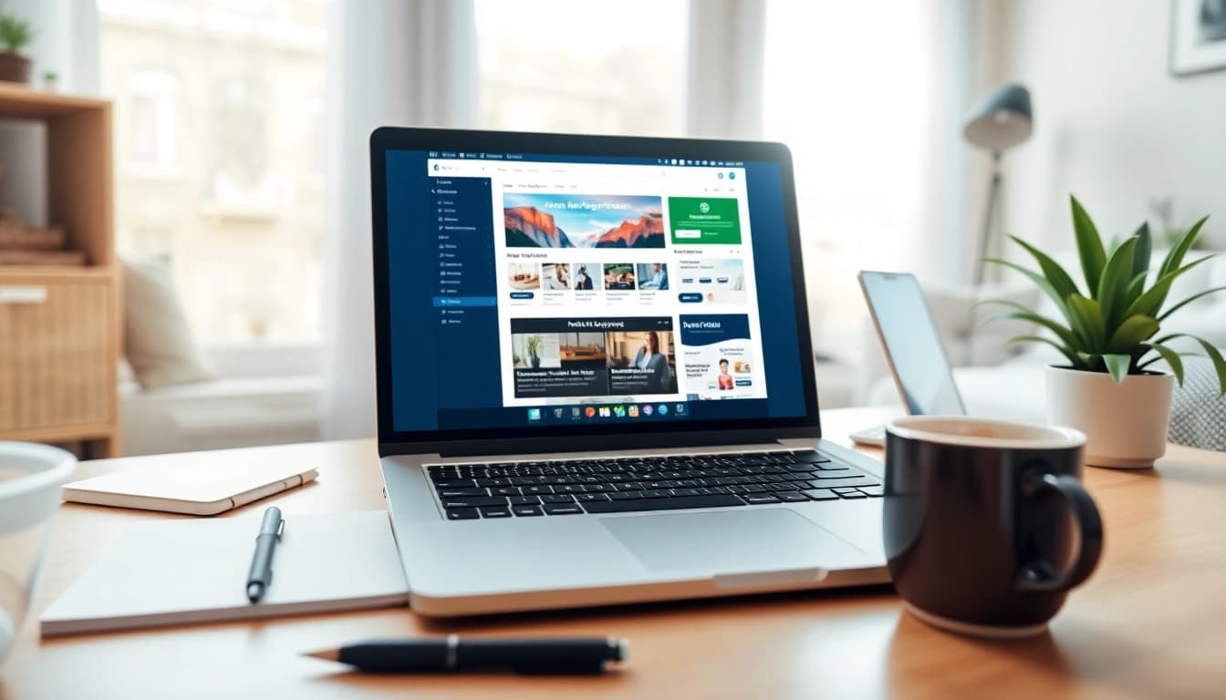 Experience productivity with blogslabs.xyz in a modern blogging setup featuring a laptop and cozy home office elements.