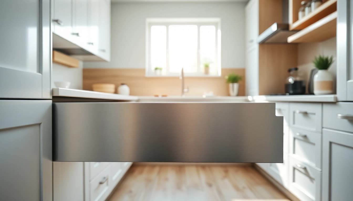 Showcasing a Double Wall Drawer System in a contemporary kitchen highlighting its features.