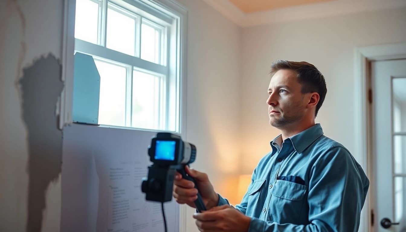 Hidden leak detection technician using thermal imaging technology to locate a leak in a home.