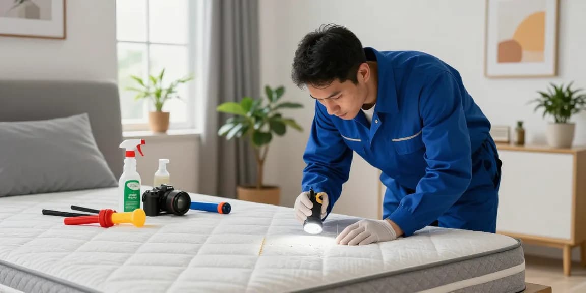 Professional inspecting mattress for bed bug pest control in a bright bedroom setting