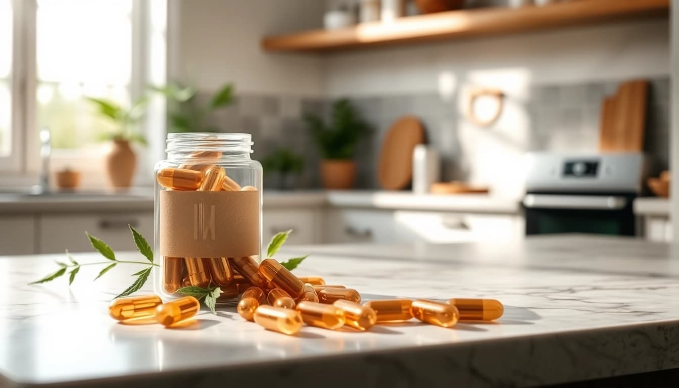View of Microdose Edibles Capsules Ireland & UK elegantly displayed in a jar with natural elements.