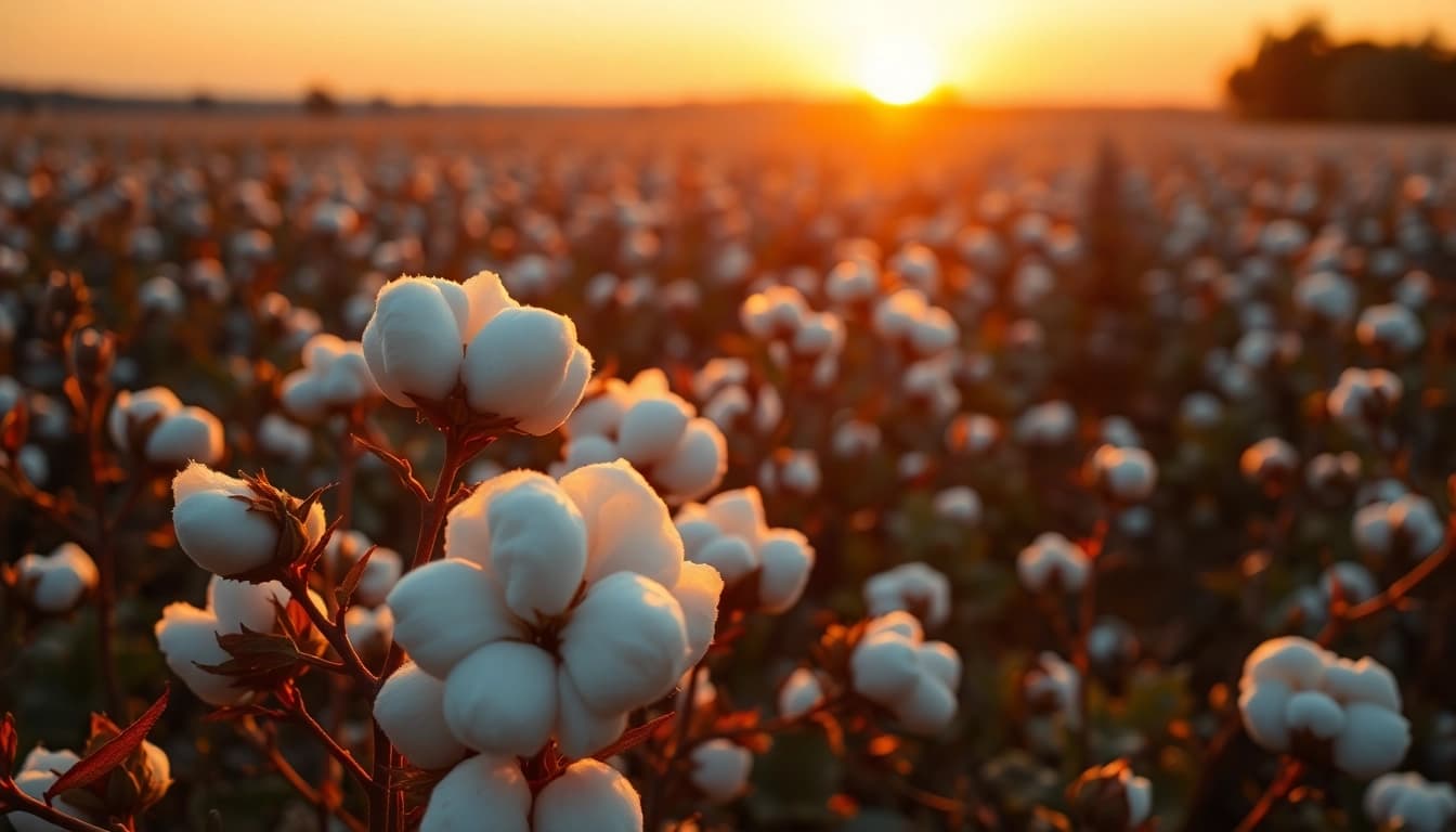 Katoenplanten in een zonsondergangveld met zachte texturen en warme kleuren.