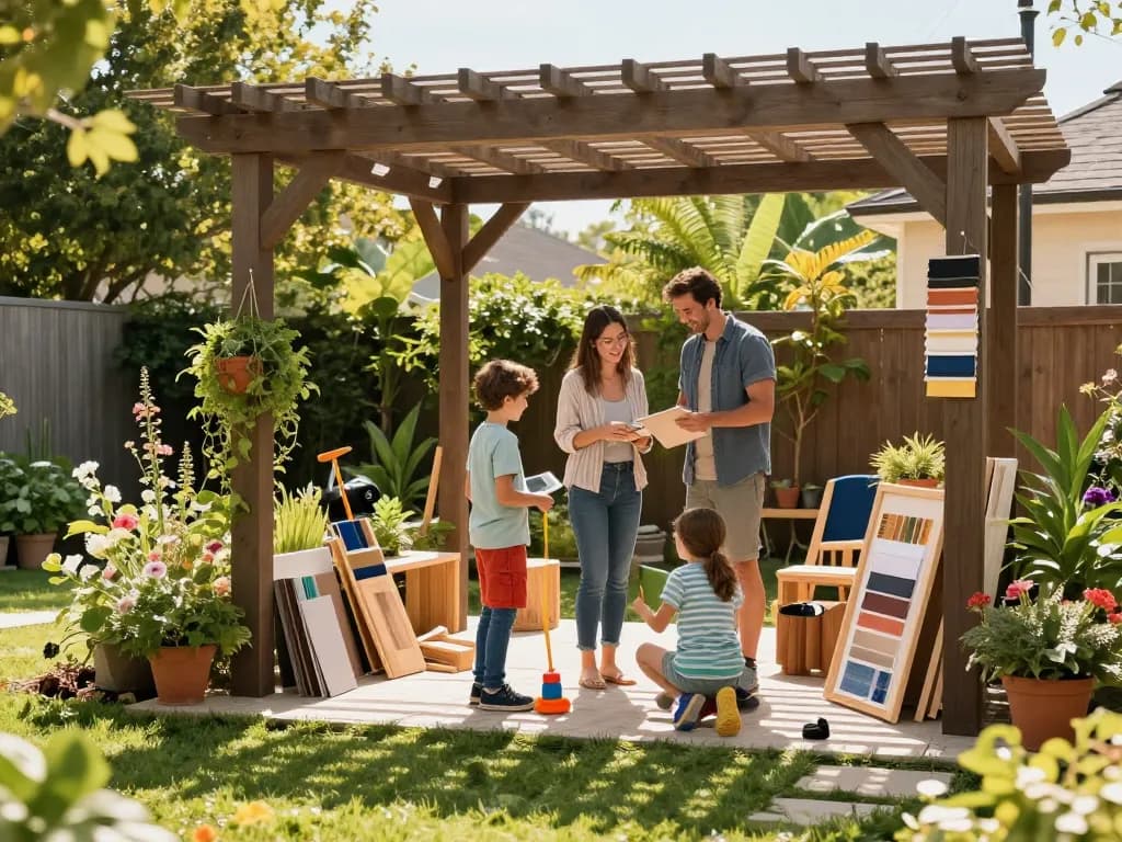Family around a pergola configurator discussing designs in a sunny backyard.