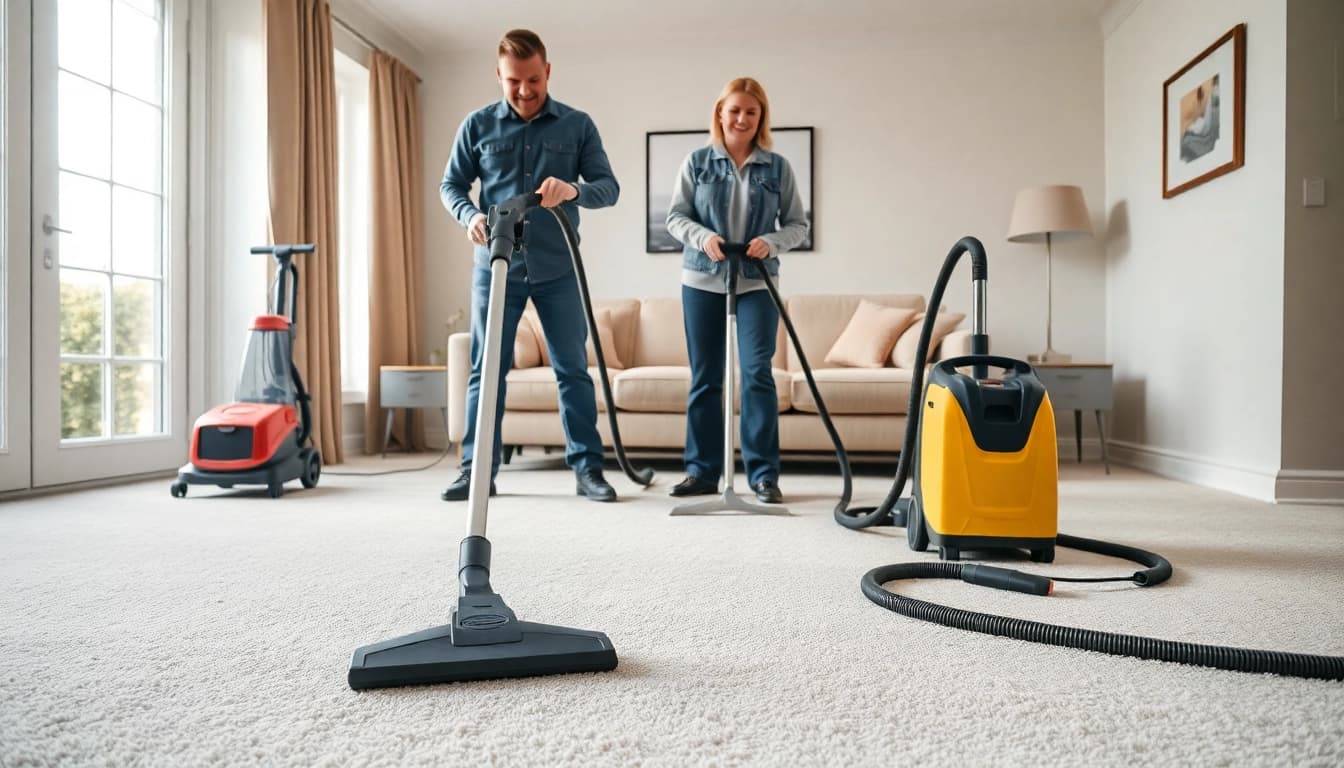 Carpet cleaners in Glasgow showcasing cleanliness and professional equipment in a bright home.
