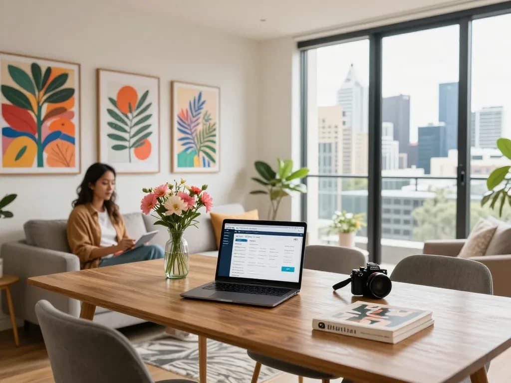 Airbnb management Melbourne showcasing a stylish urban apartment with a welcoming host preparing for guests.