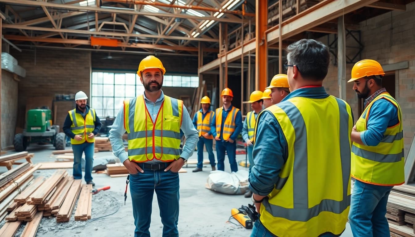 New York General Contractor overseeing a diverse team at a busy construction site.