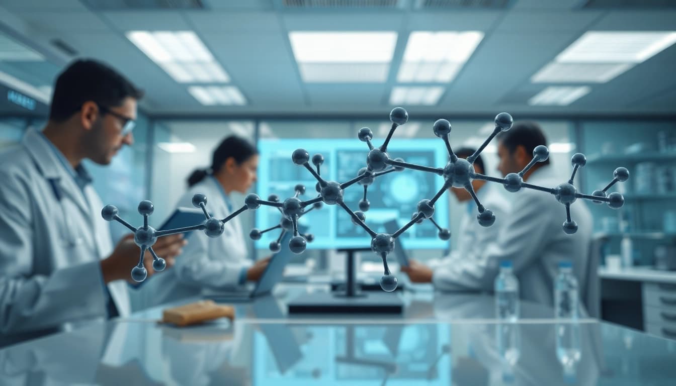 Illustration of Retatrutide molecular structure in a modern lab environment, showcasing scientific analysis.
