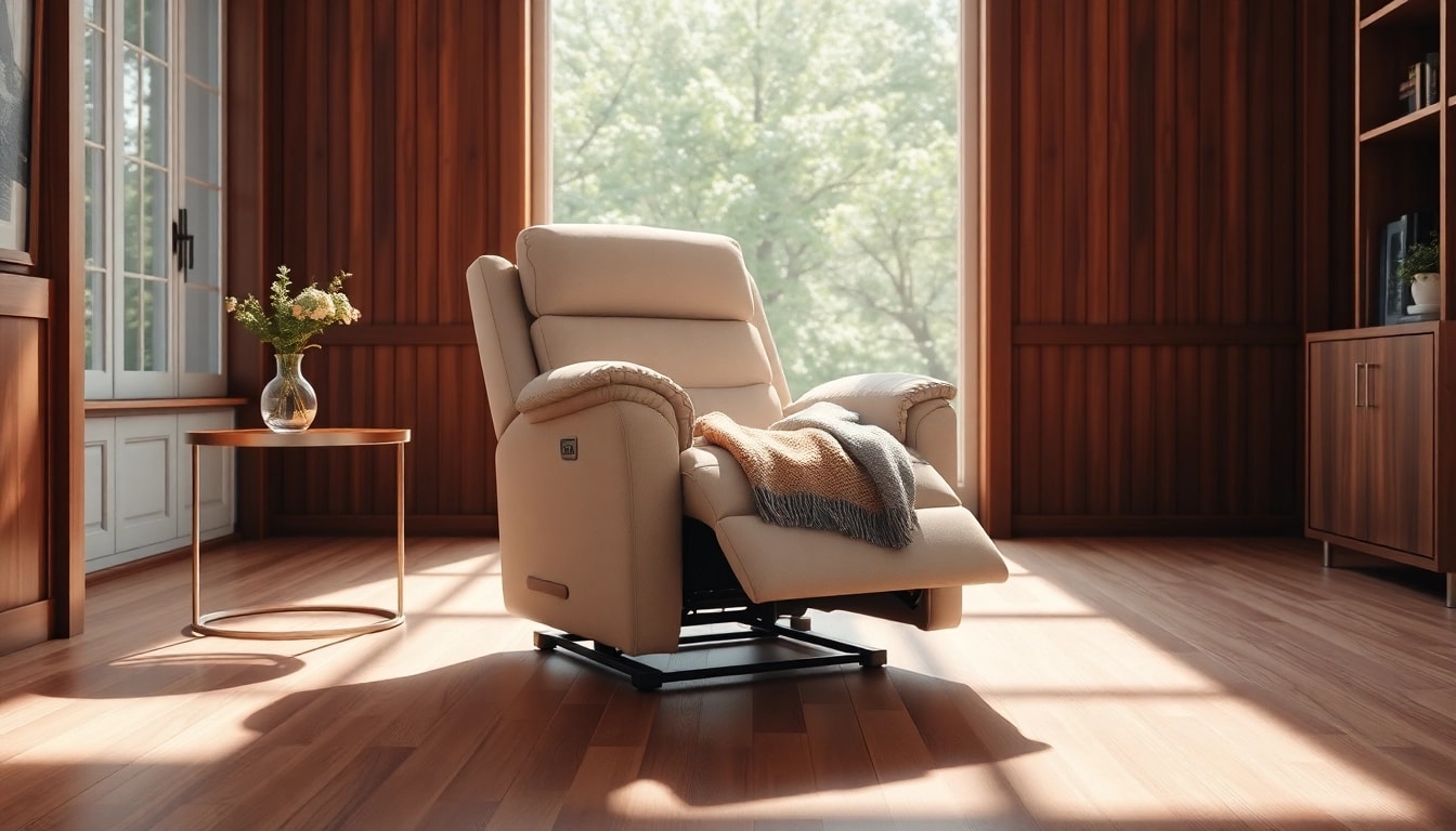 Relax in a recliner with lift featuring a soft beige fabric and a cozy atmosphere.