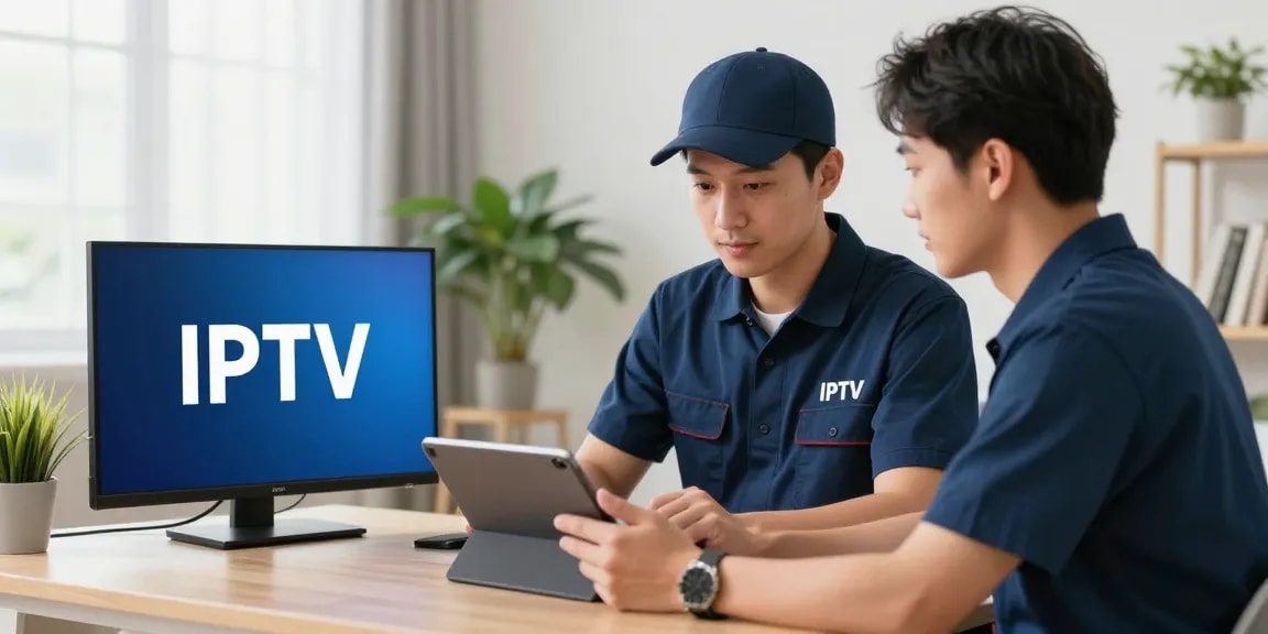 Trusted IPTV Service provider discussing local subscriptions with customers in a modern office setting.