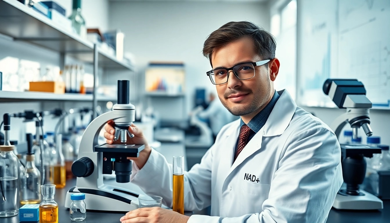 Analyze NAD+ levels in a biochemist's lab with precision instruments and a bright setting.