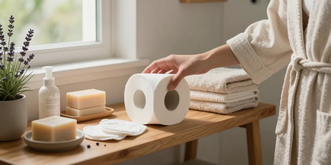 Bamboo Toilet Tissue roll on a wooden shelf in an eco-friendly bathroom, adorned with natural soaps and plants.