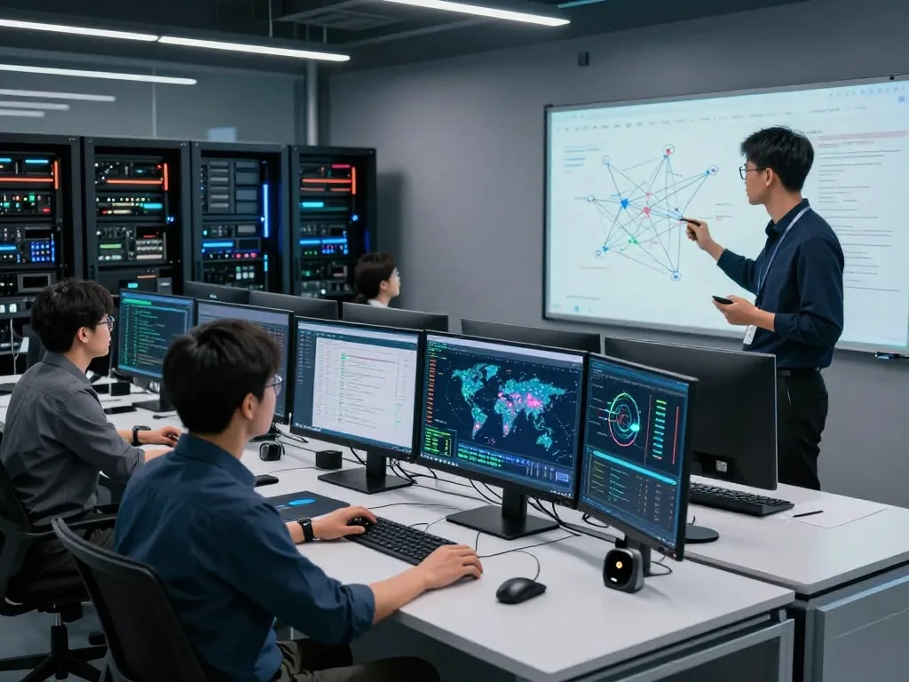 IT professionals analyzing network performance with 快连's technology solutions in a modern operations center.