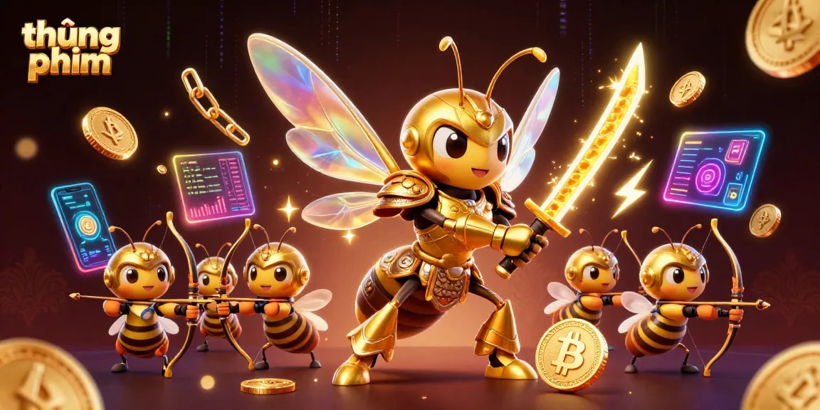 Engage in thúng phim excitement with a vibrant 3D casino illustration featuring crypto elements and samurai bee characters.