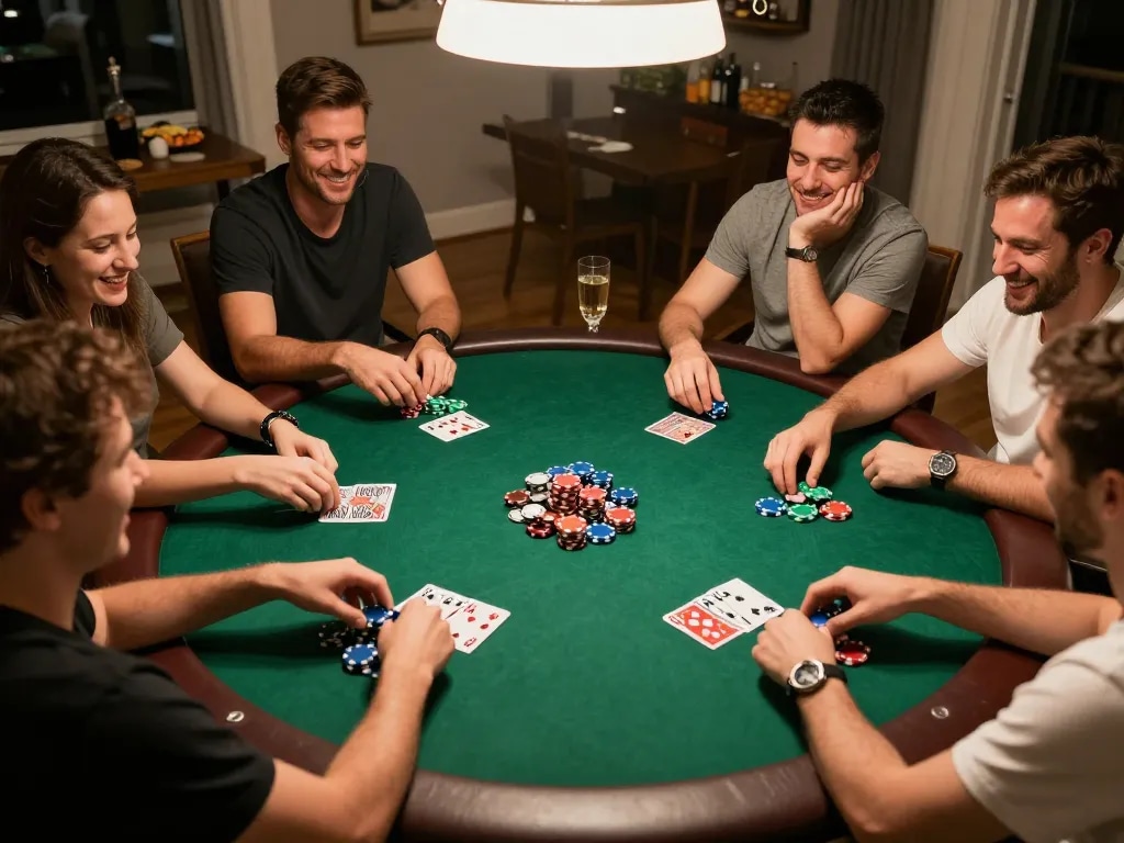 Friends enjoying a lively poker night with BL555 strategy discussions and colorful chips at home.