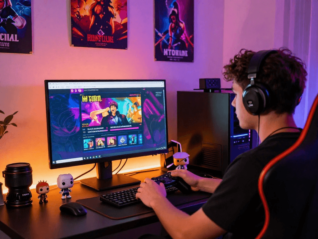 Engaging gaming scene showcasing a person playing porn games html on a vibrant computer setup, highlighting interactive adult game excitement.