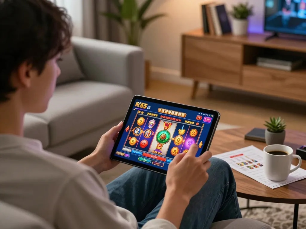 Engaging with online slot games on KK55 in a cozy home gaming setup.