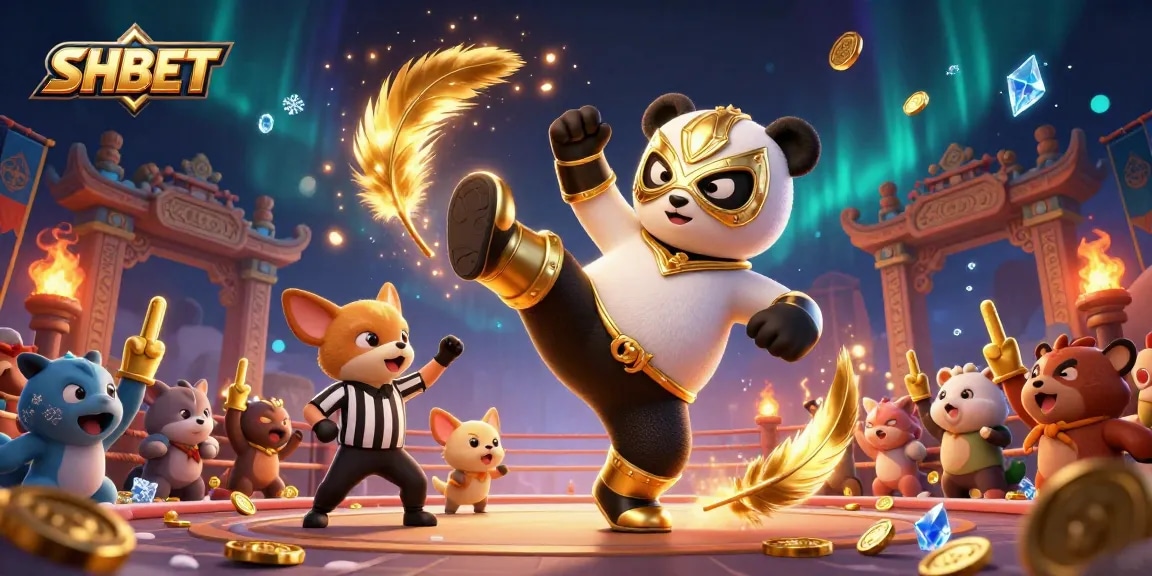 Engage in thrilling action with SHBET as the panda wrestler leaps into victory in a vibrant casino scene.