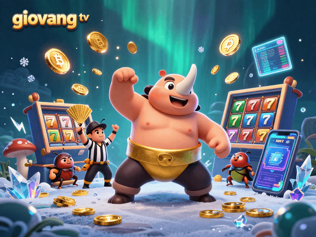 Engage with giovang tv as beetle champions showcase thrilling slot action amidst vibrant casino elements.