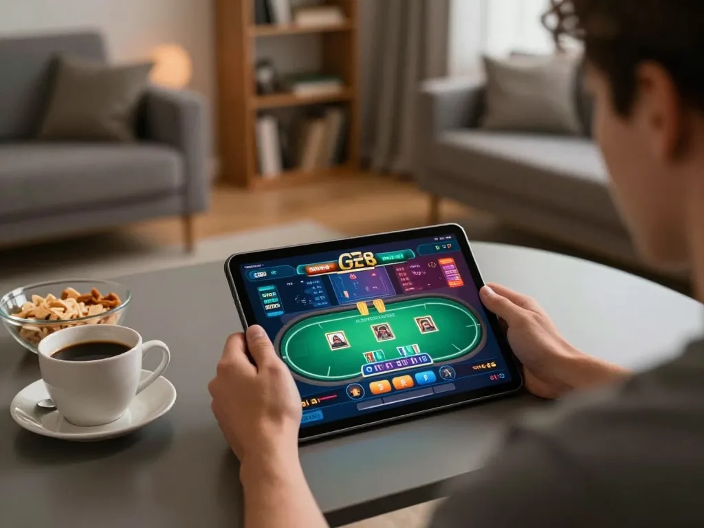 Player engaging in online poker at G28 platform with tablet showing vibrant game interface
